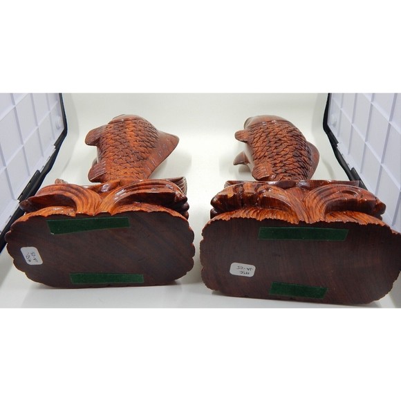 Wooden Fish Koi Carp Jumping Out of Water Bookends Sculpture Figurine 11" Pair - Picture 7 of 10